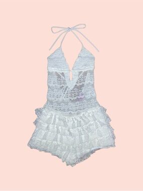 Lanny Ruffled Sheer Lace Romper